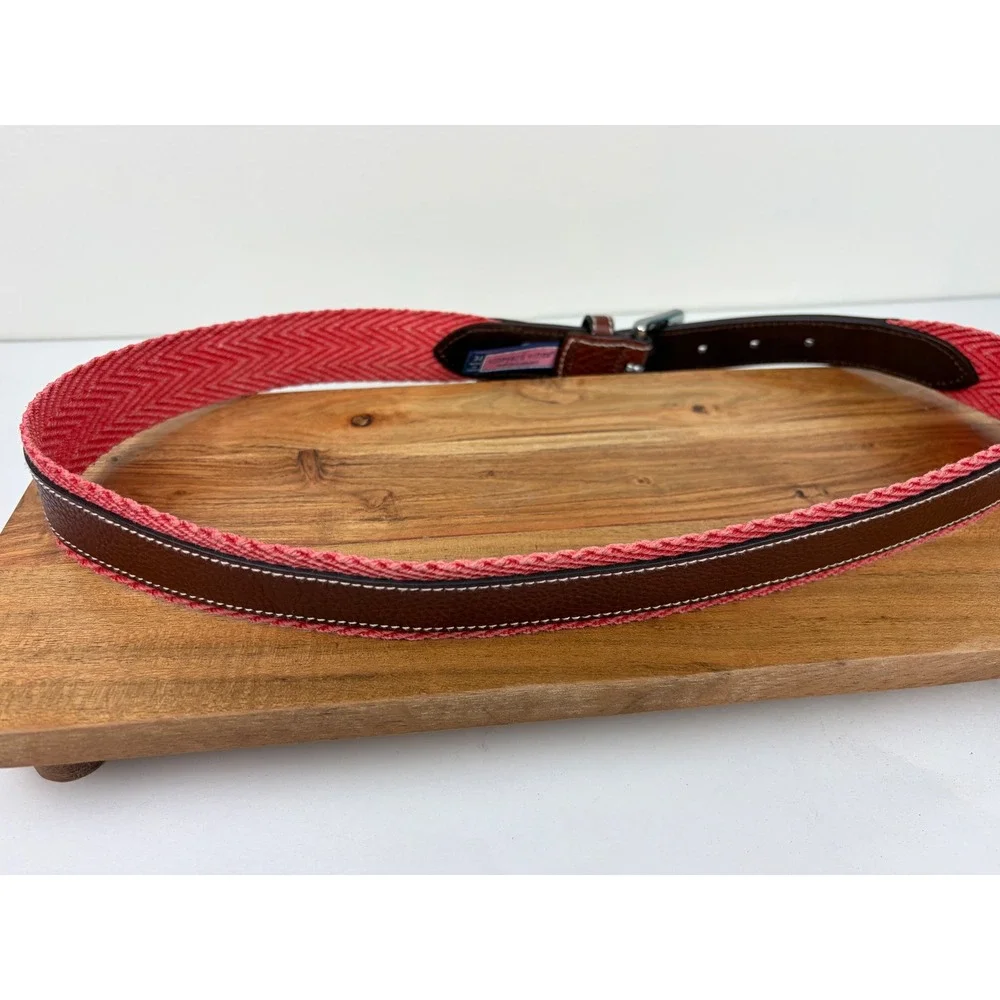 Vineyard Vines Belt 34 Brown Jetty Red Pebbled Leather Chevron Webbing Preppy‎